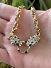RARE Vintage Double Leopard Gold tone Crystal Necklace (signed Jackie Collins)