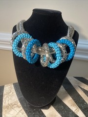 Vintage Graziano Mesh Chain Runway Necklace Estate Jewelry Statement Blue Enamel