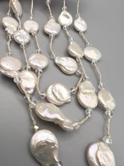 Vintage 3 Strand Freshwater Coin Pearl Necklace Clear Spacer Magnetic Clasp