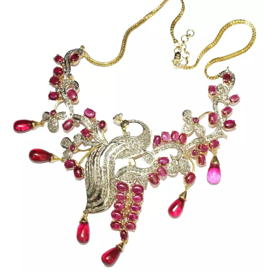 5.50ct Rose Cut Diamond 925 Sterling Silver Ruby Victorian Look Necklace Set