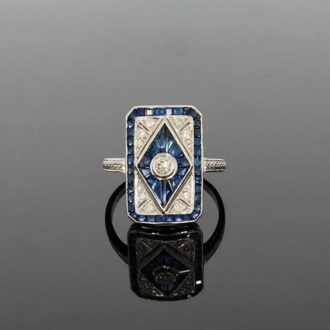 Art Deco Style Round Lab Created Diamond&Sapphire 14K White Gold FN Wedding Ring
