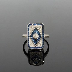 Art Deco Style Round Lab Created Diamond&Sapphire 14K White Gold FN Wedding Ring