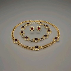 VINTAGE KENNETH LANE RARE 3 PIECE NECKLACE & EARRING SET GOLD RED CABOCHON