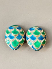 Vintage MARVELLA Blue & Green Enamel Bracelet, Brooch & Earring Set!