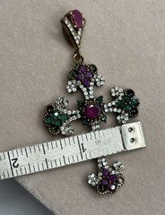 Antique Simulated Green Emerald Cross Pendant Sterling Silver & Gold 14g