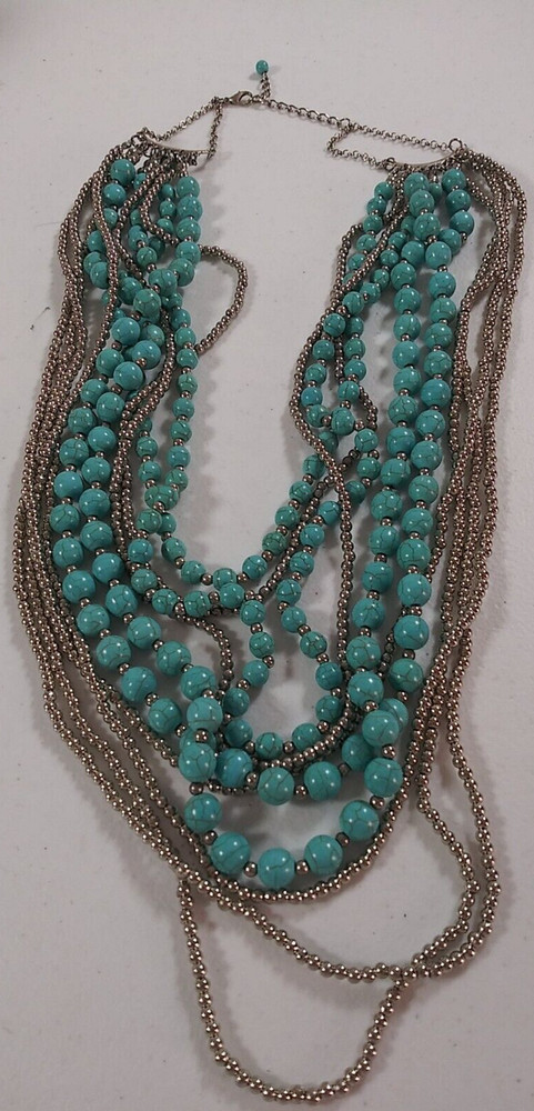 Beaded Layered Statement Necklace 16″ Blue Gray Beads Silver Tone Chain Jewelry