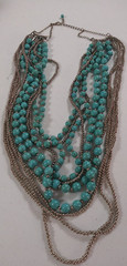 Beaded Layered Statement Necklace 16″ Blue Gray Beads Silver Tone Chain Jewelry
