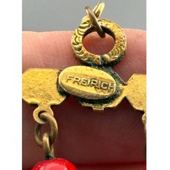 Vintage Freirich Necklace Triple Scalloped Red Faceted Glass Beads Green Flowers