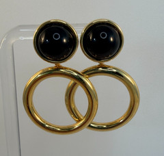 Vintage Monet Black & Gold Door Knocker Round Dangle Post Earrings