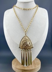 Vintage Boho Necklace Filigree Geometric Pendant Bar Tassel Fringe Gold Tone 27”