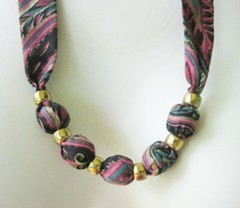Cottagecore Floral Garden Print Fabric Sash Necklace Knotted Beads Lot of 2 VTG