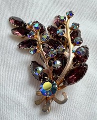 Vintage Amethyst Rhinestone Spray Brooch AB Crystal Gold Tone Mid Century