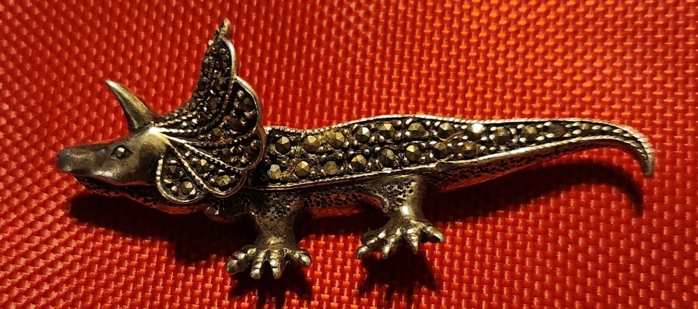 Vintage 925 Sterling Silver Marcasite Brooch Dinosaur Pin