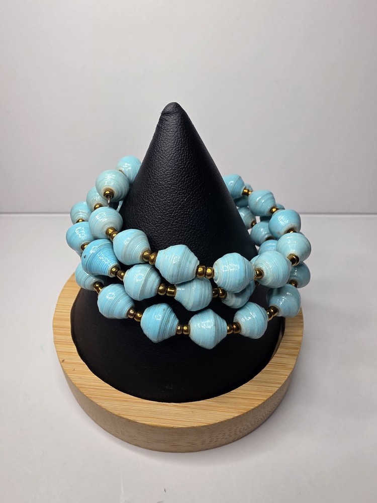 Blue Beaded Vintage WRAP BRACELET Hand Crafted Wrapped Paper Spiral