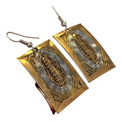 Artisan Boho pierced earrings gold brass silver woven rectangles drop & dangle