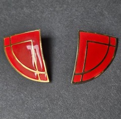 Vtg 1986 Avon Red & Black Enamel Chevron Choker Necklace Modernist Earrings Set