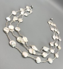 Vintage 3 Strand Freshwater Coin Pearl Necklace Clear Spacer Magnetic Clasp