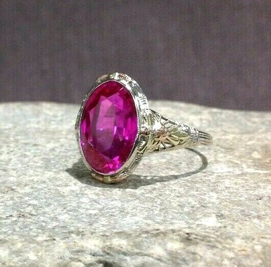 Vintage Man-Made Pink Ruby & Tri-Color 10K Gold Ladies Handmade Ring