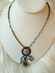 Grandmother’s Buttons Art Glass Necklace Moon Face Vintage Blue Bead Brass Chain