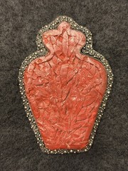 HUGE VINTAGE CHINESE EXPORT CARVED CINNABAR SILVER WASH ORNATE PIN *21.5 gm*