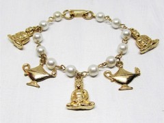 Vintage Genie & Magic Lamp Charm Bracelet for Girls- Faux Pearls- Gold Plated