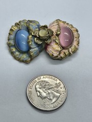 Antique Art Nouveau Pastel Blue & Pink Satin Czech Art Glass & Enamel Brooch