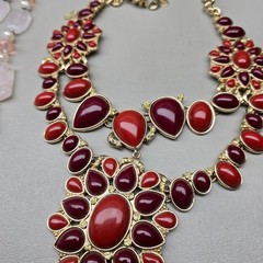 Statement Necklace Lot Pink Stone Red Bib Green Faceted Gold Tone Jewelry
