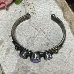 53. Vintage Nepal Mix Metal Triple Amethyst Garnet Cuff Bracelet 7″, 37g