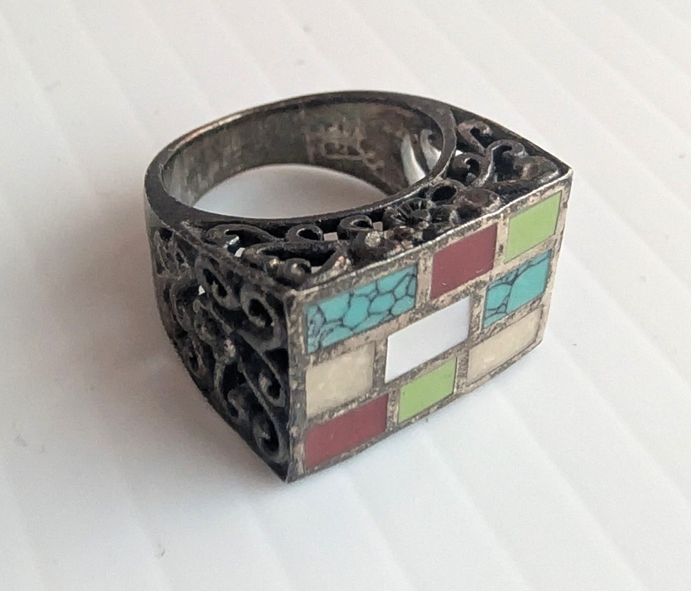 Vintage Multicolor Stone Flush Geometric Grid Sterling Silver Ring Size 5.5