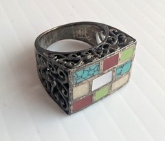 Vintage Multicolor Stone Flush Geometric Grid Sterling Silver Ring Size 5.5