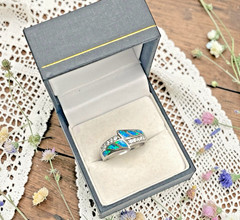 Vintage Blue Fire Opal with CZ Accents 925 Sterling Band Ring, size 8.25