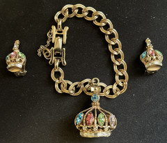 Rare Barclay Rhinestone Charm Bracelet Earrings Crown King Queen Costume Jewelry