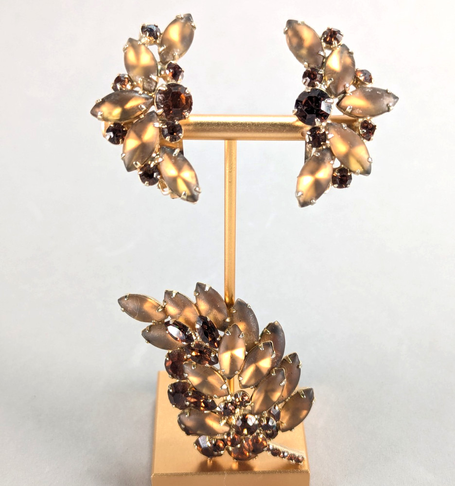 Verified Juliana D&E Frosted Amber Topaz Rhinestone Feather Brooch Earrings Set