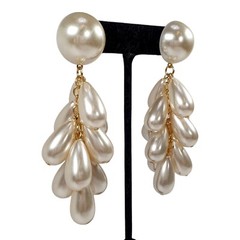 Faux Pearl Teardrop Bead Tassel Chandelier Dangle Earrings Pierced 3 1/2″