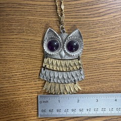 Vintage Silver & Gold Tone Articulated Owl Pendant Necklace W/Purple Stone Eyes