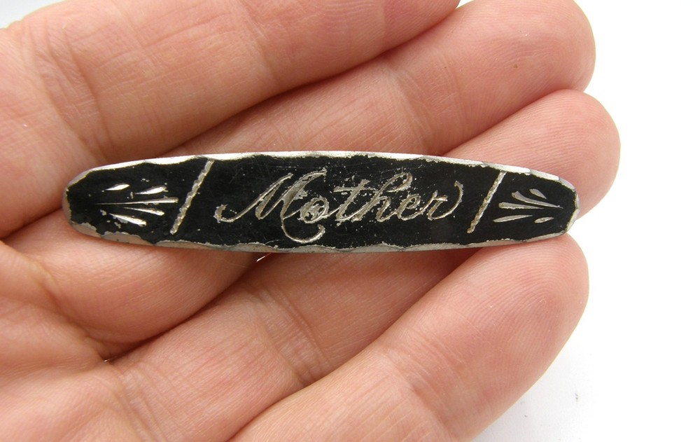 STERLING Silver Victorian Mourning Brooch ‘Mother’ Black Enameling