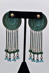 Vintage Verdigris Patina Beaded Chandelier Earrings Dangle Fringe 1970s BinAV