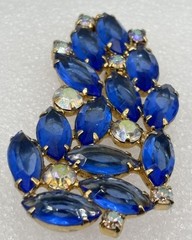 Vintage Blue Navette and Clear Prong-Set Rhinestone Brooch Open Back, Not Signed