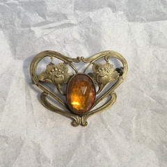 Antique Art Nouveau Pressed Metal Brooch Facetted Cabachon Floral Heart Shape