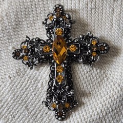 Gothic Cross Brooch Pin Amber Rhinestones Black Silver Tone Filigree 3″