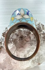 VTG Chinese Blue Cloisonne Enamel And Copper Ring Flowers Leaves Stems Sz 7
