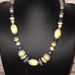 Vintage Beaded Statement Necklace Wood Acrylic Choker Blue Yellow Boho Chic