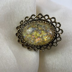 Vintage Brass Tone Chunky Lucite Glitter Crackle Ring One Size Fits All