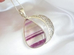 Large Sterling Silver 925 Fluorite Crescent Moon Pendant Necklace