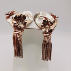 Vintage 1950s Gold Tone Tassel Clip Earrings with Flowers, 2.5 Inches