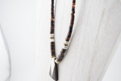 Tiger Eye Heishi Bead Necklace with Inlaid MOP Pendant 16”