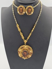 West Germany Rootbeer Cameo Set Filigree Faux Pearl Rhinestone Necklace