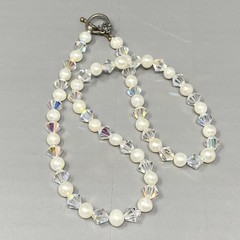 Crystal Glass and Genuine Pearl Beaded Necklace Bracelet Set AB Sterling Clasp