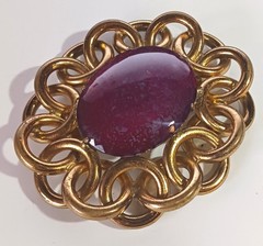 Large Vintage Brooch: Mottled Red-Purple Glass Stone in Interlocked Brass Rings