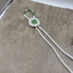Vtg Seed Bead Leather Necklace Medallion Native American Green White 30 In